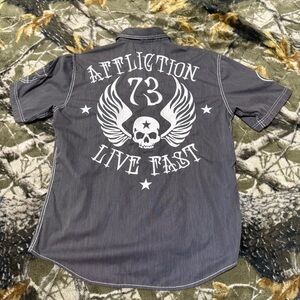 Y2K Affliction Live Fast 73 Skull and Wings Button Up Polo Shirt Y2K Affliction